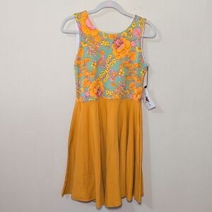 Floral Print Twirl Dress Yellow Blue Cotton Stretch Malia + Kai NEW Girls Size 8